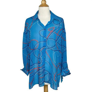ZARA women's M blouse Nautical Sheer Aqua Blue Red Rope Print Button Down Shirt
